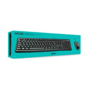 Caja azul con teclado y mouse Logitech negro.