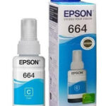 Caja y botella de tinta EPSON azul.