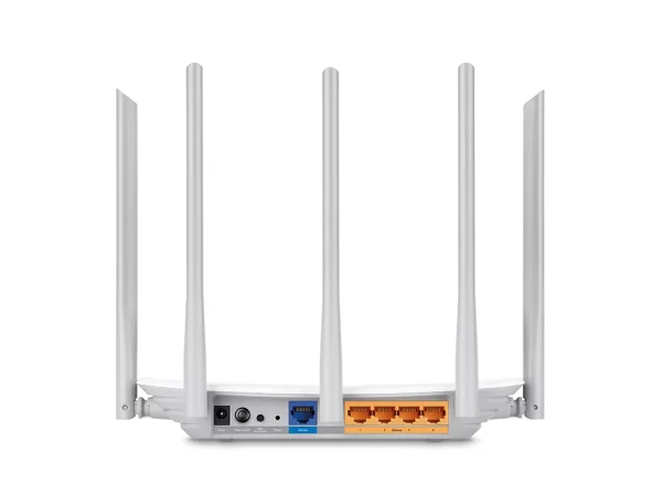 Router TP-LINK blanco con 5 antenas.