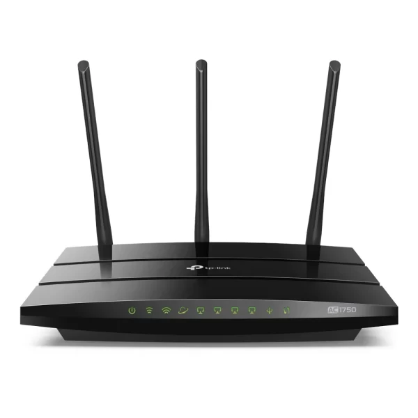 Router TP-LINK negro 3 antenas con indicadores de luz.